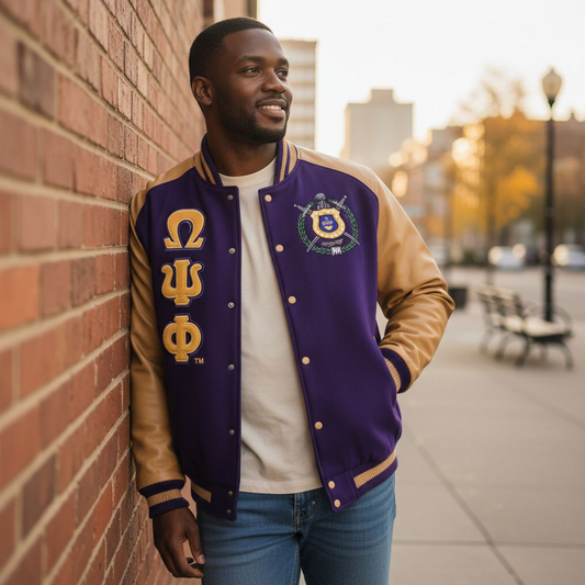 Model wearing Omega Wool Letterman Jacket with smooth satin lining and tailored ribbing at neck, wrists, and waist.