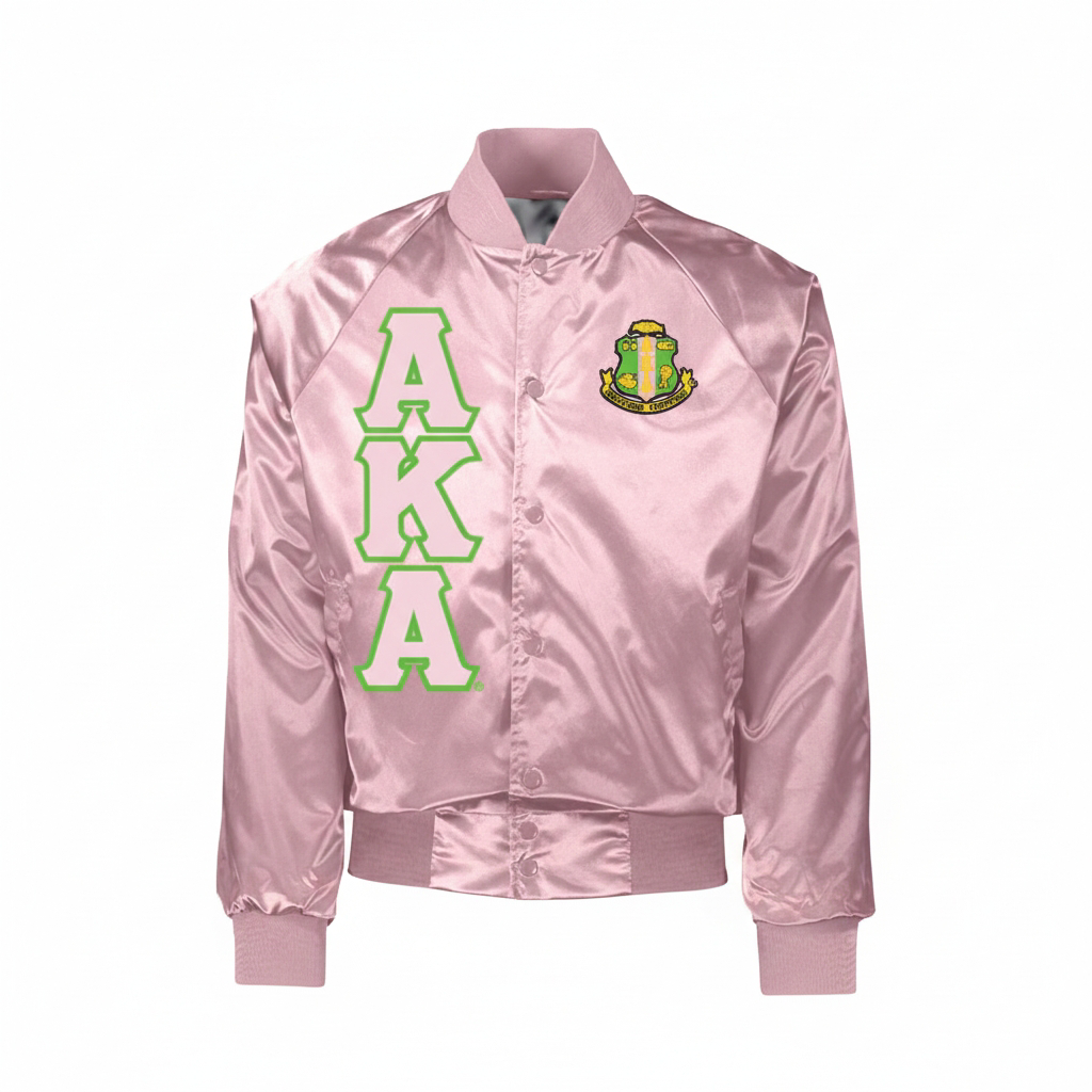 Pink satin jacket with 'AKA' lettering and crest on a white background