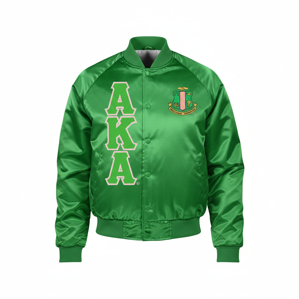 Alpha Kappa Alpha AKA official Kelly Green nylon oxford baseball varsity jacket with embroidered Greek letters and sorority shield, custom-sized for women.