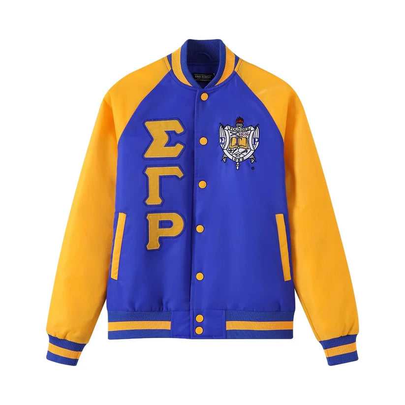 A close-up of the Sigma Gamma Rho Nylon Jacket, showing the smooth, durable nylon material and the high-quality embroidered appliqué logo on the chest.