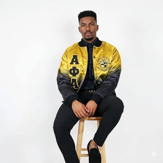 Alpha Phi Alpha Faded Bomber Jacket – Old Gold to Black Fade, Satin Material & Quilted Lining