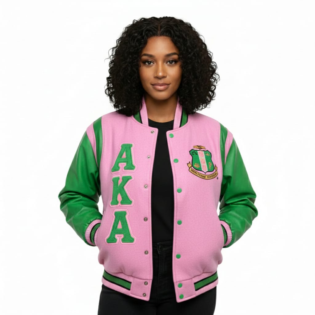 AKA Wool and Leather Letterman Jacket – Pink Wool Body, Green Leather Shoulder