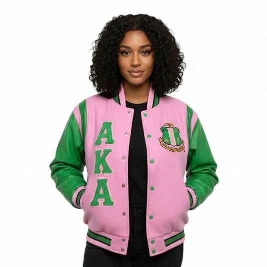 AKA Wool and Leather Letterman Jacket – Pink Wool Body, Green Leather Shoulder