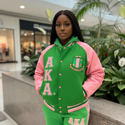 AKA Wool and Leather Letterman Jacket – Green Wool Body, Pink Leather Sleeves