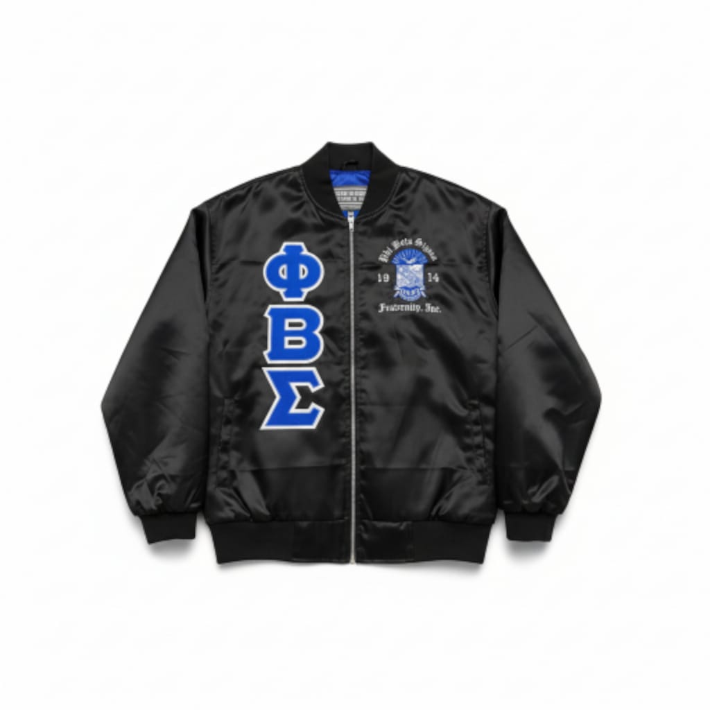 Premium Phi Beta Sigma Satin Bomber Jacket | Classic Black & Royal Blue | Embroidered Crest & Vertical Greek Letters