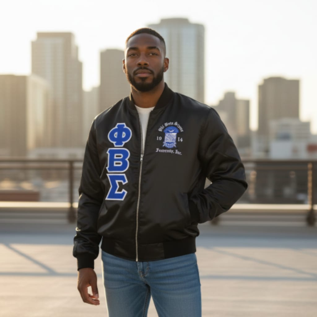 Premium Phi Beta Sigma Satin Bomber Jacket | Classic Black & Royal Blue | Embroidered Crest & Vertical Greek Letters