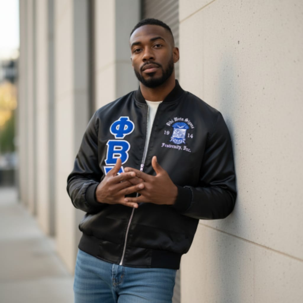 Premium Phi Beta Sigma Satin Bomber Jacket | Classic Black & Royal Blue | Embroidered Crest & Vertical Greek Letters