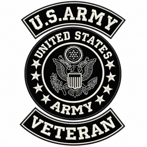 White-on-black U.S. Army Veteran three-piece embroidered patch set with an outlined eagle emblem on white.