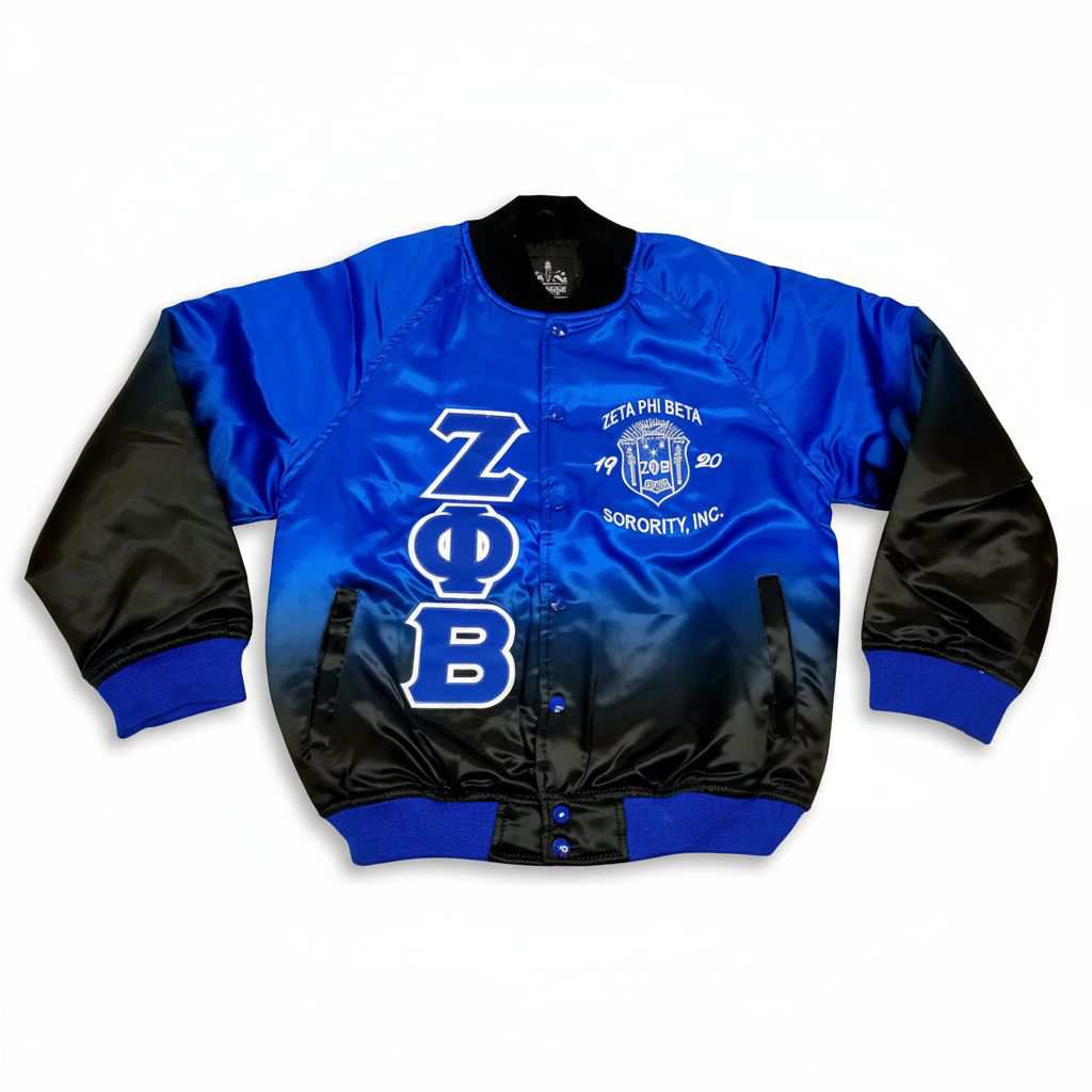 Blue and black jacket with Zeta Phi Beta sorority logo on a white background