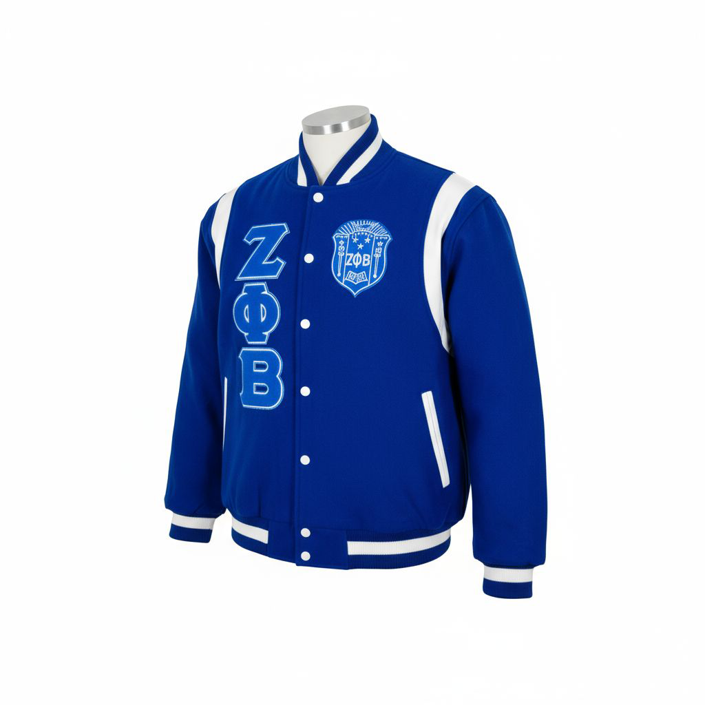 A close-up of the Zeta Letterman Jacket showing the luxurious Royal Blue 100% cashmere wool body contrasting with the smooth white 100% leather shoulders. Highlights the embroidered Zeta logo and custom ribbing.