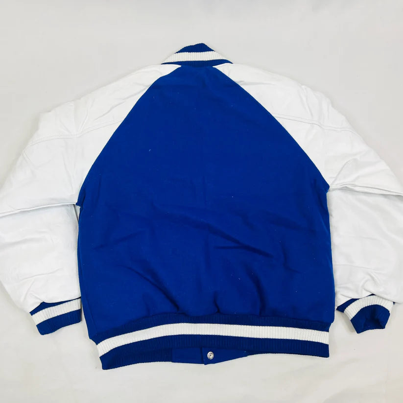 Zeta Letterman Jacket with Royal Blue cashmere wool body and white leather sleeves for men or women. This classic collegiate jacket features leather appliqué logos and a sophisticated, timeless design representing sorority tradition.