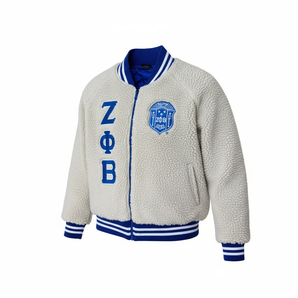 A close-up of the Zeta Sherpa Bomber Jacket, showing the creamy-white, textured sherpa material and the knit ribbed collar and cuffs of the unisex bomber silhouette.