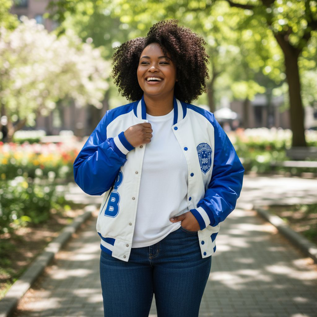 Full-length view of a model wearing the Zeta Bomber Jacket. The jacket features a classic bomber silhouette made from lightweight, durable nylon