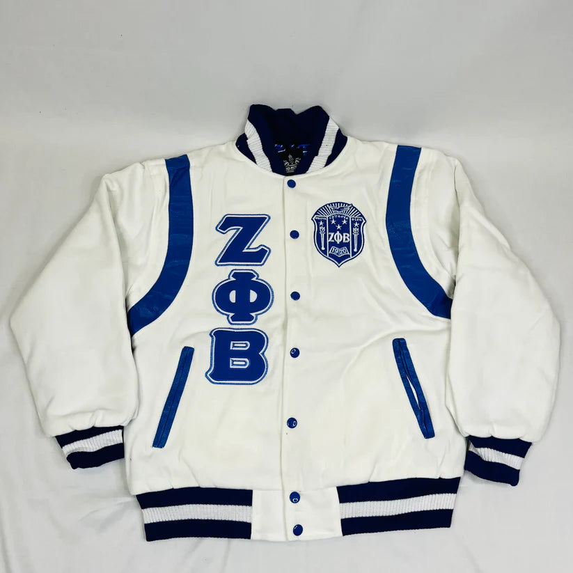 Zeta Letterman Jacket with white cashmere wool body and royal blue leather shoulders for men or women. This classic collegiate jacket features embroidered logos and a timeless design representing sorority tradition.