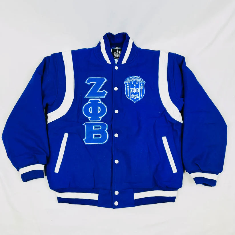 Zeta Letterman Jacket with Royal Blue cashmere wool body and white leather shoulders for men or women. This classic collegiate jacket features embroidered logos and a timeless design representing sorority tradition.
