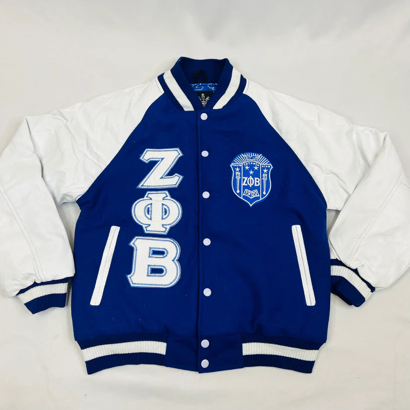 Zeta Letterman Jacket with Royal Blue cashmere wool body and white leather sleeves for men or women. This classic collegiate jacket features leather appliqué logos and a sophisticated, timeless design representing sorority tradition.
