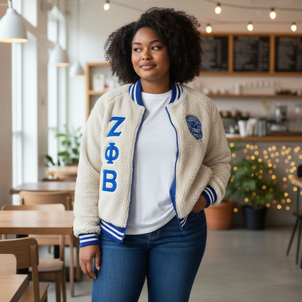 Full-length view of a model wearing the Zeta Sherpa Bomber Jacket. The jacket is a warm, soft sherpa material with a classic bomber design, featuring embroidered appliqué logos and a comfortable, true-to-size fit.