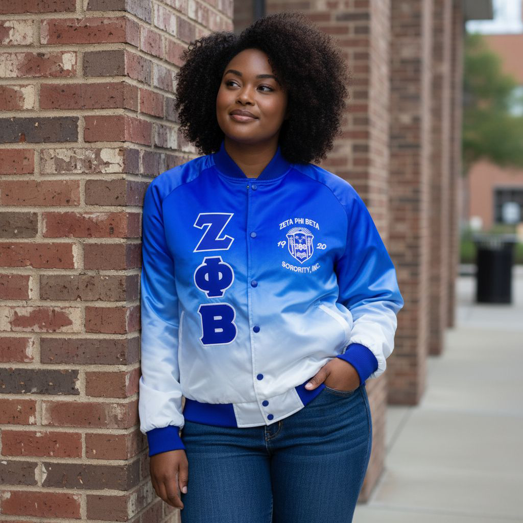 Full-length view of a model wearing the Royal Blue and White Faded Zeta Phi Beta Satin Bomber Jacket. The jacket features a smooth, lightweight satin exterior, a warm quilted lining, and a classic bomber silhouette with Royal Blue trim.