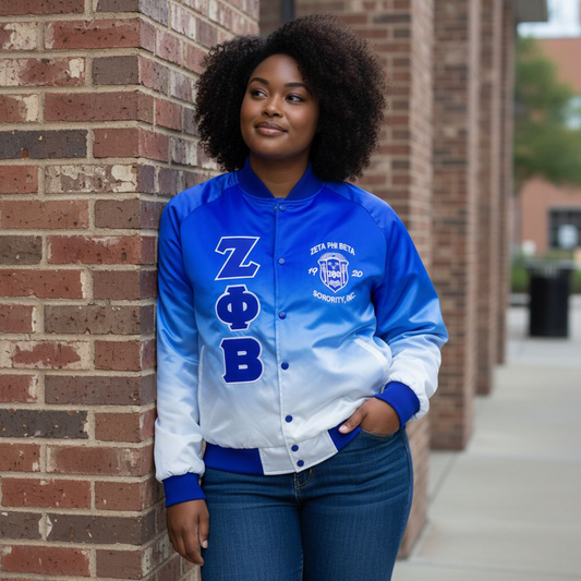 Full-length view of a model wearing the Royal Blue and White Faded Zeta Phi Beta Satin Bomber Jacket. The jacket features a smooth, lightweight satin exterior, a warm quilted lining, and a classic bomber silhouette with Royal Blue trim.