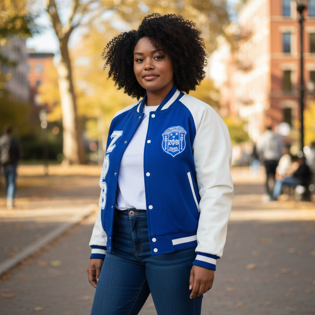 Full-length image of a person wearing the Royal Blue and White Zeta Wool and Leather Letterman Jacket. The jacket features a classic varsity design with a warm cashmere wool body and premium leather sleeves in a comfortable, unisex fit.