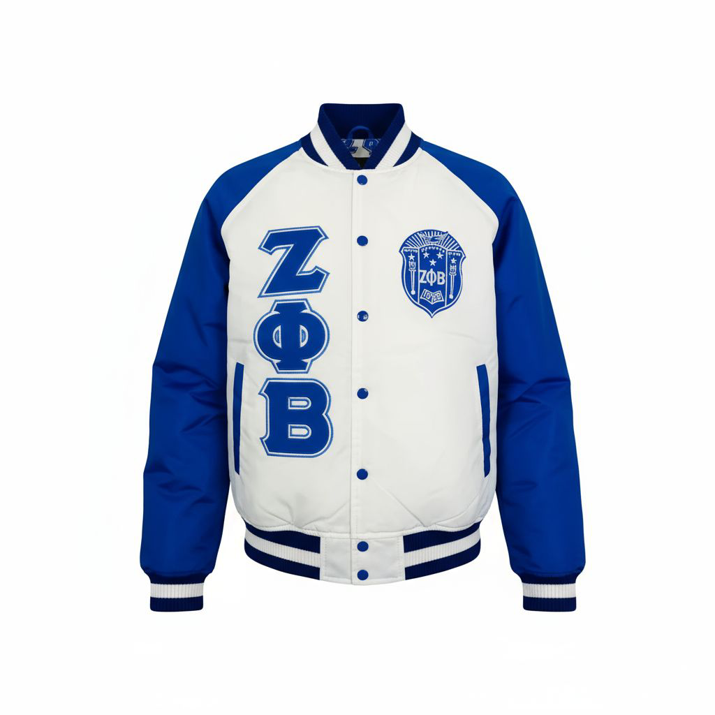 A close-up of the Zeta Bomber Jacket, showing the smooth, durable nylon material and the high-quality embroidered appliqué logo on the chest.