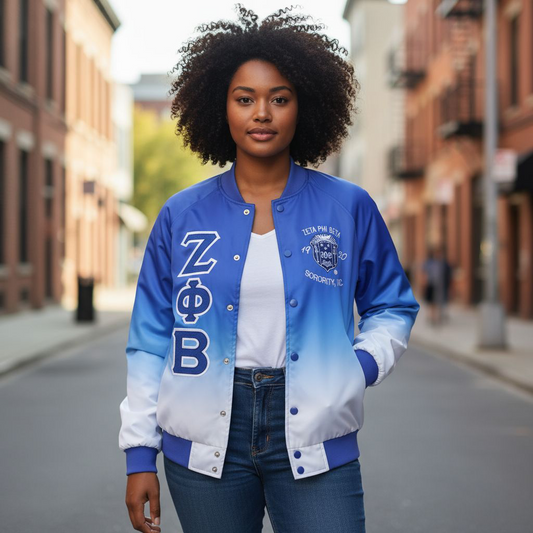 Full-length view of a model wearing the Royal Blue and White Faded Zeta Satin Bomber Jacket. The jacket features a smooth, lightweight satin exterior, a warm quilted lining, and a classic bomber silhouette with a clean back.