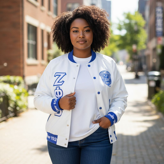 Full-length view of a model wearing the White Zeta Satin Bomber Jacket. The jacket features a classic bomber silhouette with a luxurious satin exterior, Royal Blue trim, a warm quilted lining, and a comfortable unisex fit.