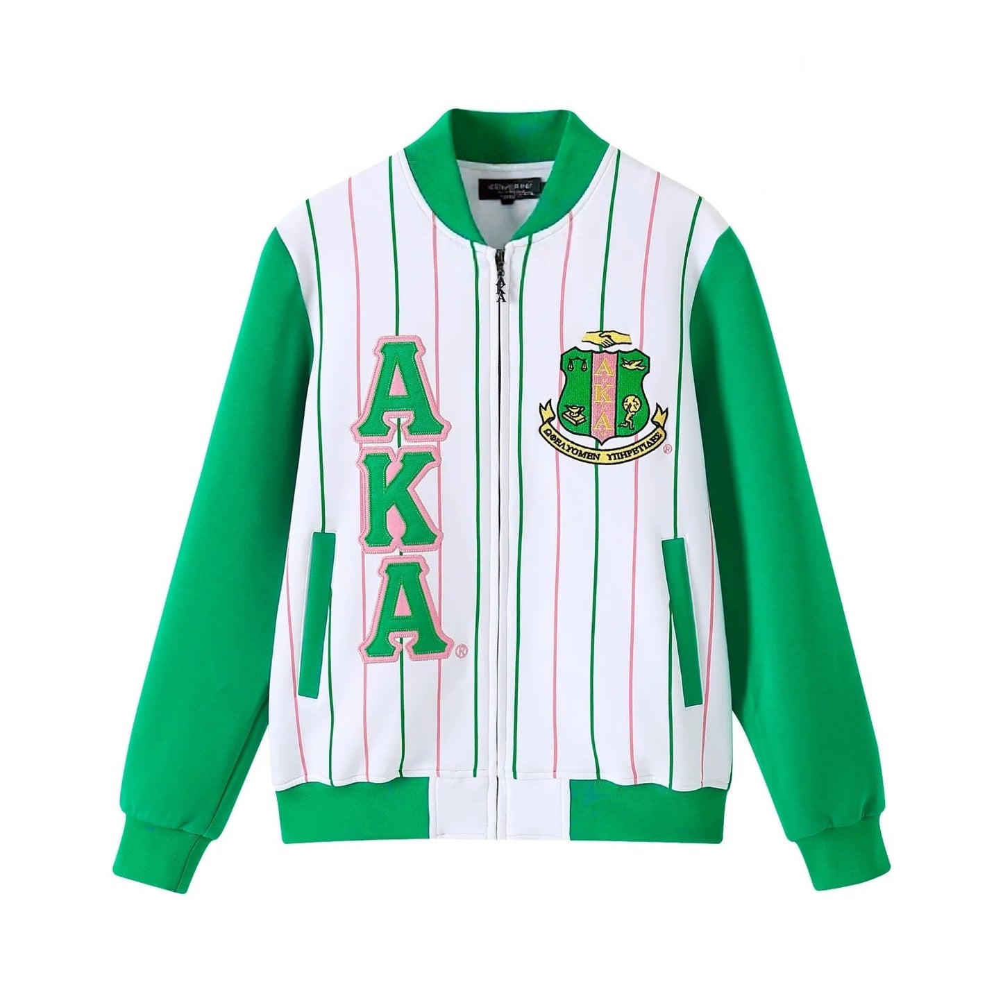 AKA Pinstripe Tech Fleece Jacket – 3 - Piece Heritage Bundle (Pink & Green)