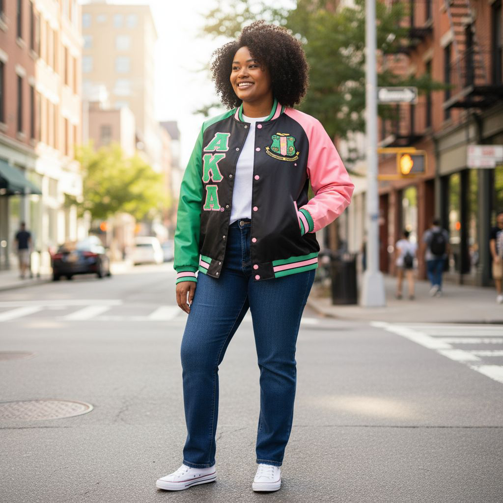 "Unisex Alpha Kappa Alpha (AKA) black bomber jacket made from durable nylon, featuring one green and one light pink sleeve, pink-green-black custom ribbon accents, detailed interior lining, and embroidered appliqué logos for a bold, stylish sorority look."