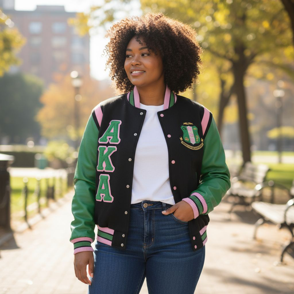 "Unisex Alpha Kappa Alpha (AKA) Letterman Jacket featuring a black 100% wool body, green genuine leather sleeves, pink leather shoulder straps, custom satin lining, embroidered AKA logos, and ribbed neck, cuffs, and waistband for a secure, stylish fit."