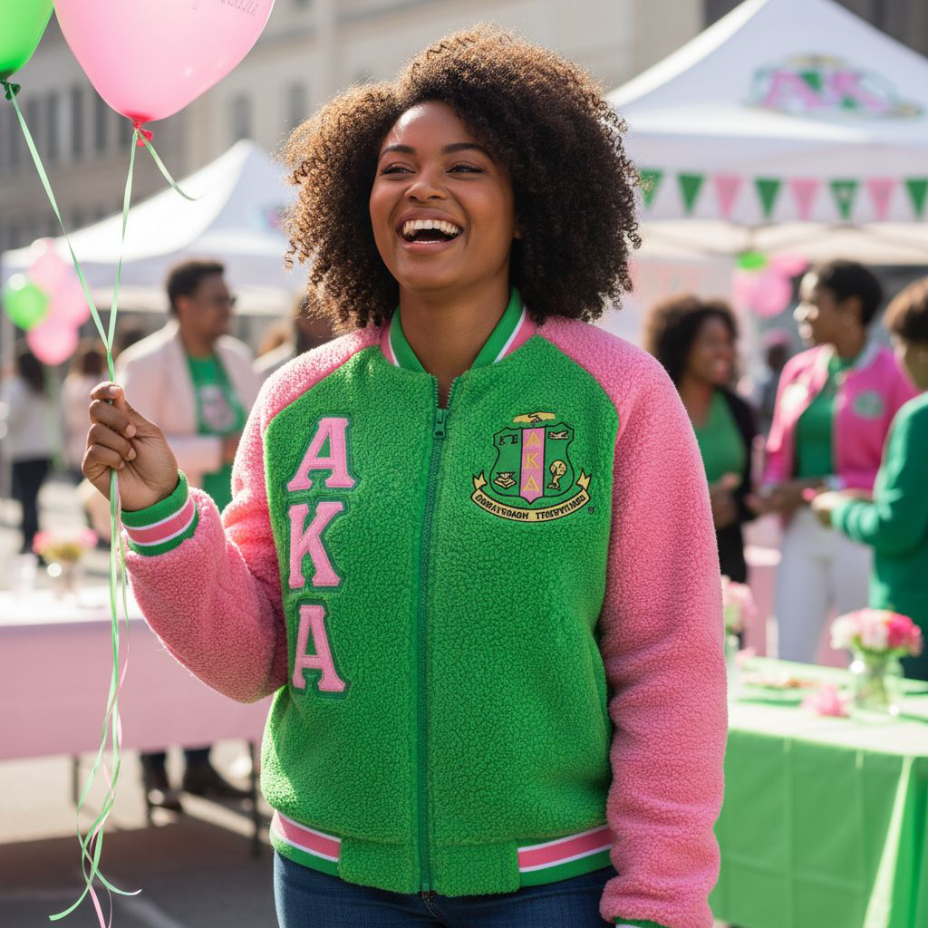 "Unisex Alpha Kappa Alpha (AKA) reversible bomber jacket featuring red and white sherpa material, embroidered appliqué logos, knit ribbing at the neck, cuffs, and waistband, offering cozy warmth and two stylish looks in one."