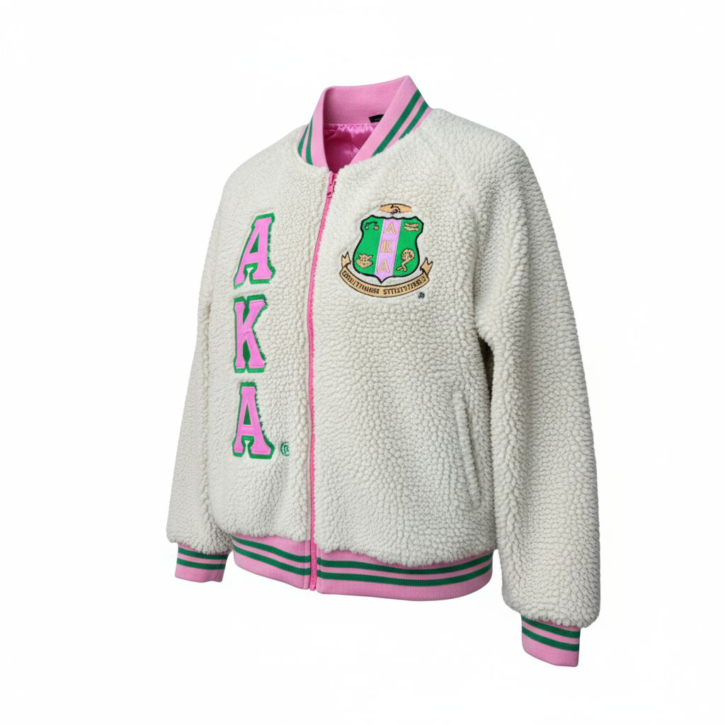 "Unisex Alpha Kappa Alpha (AKA) sherpa bomber jacket featuring soft, warm sherpa material, knit ribbing at neck, cuffs, and waistband, and embroidered appliqué logos for cozy, stylish sorority wear."