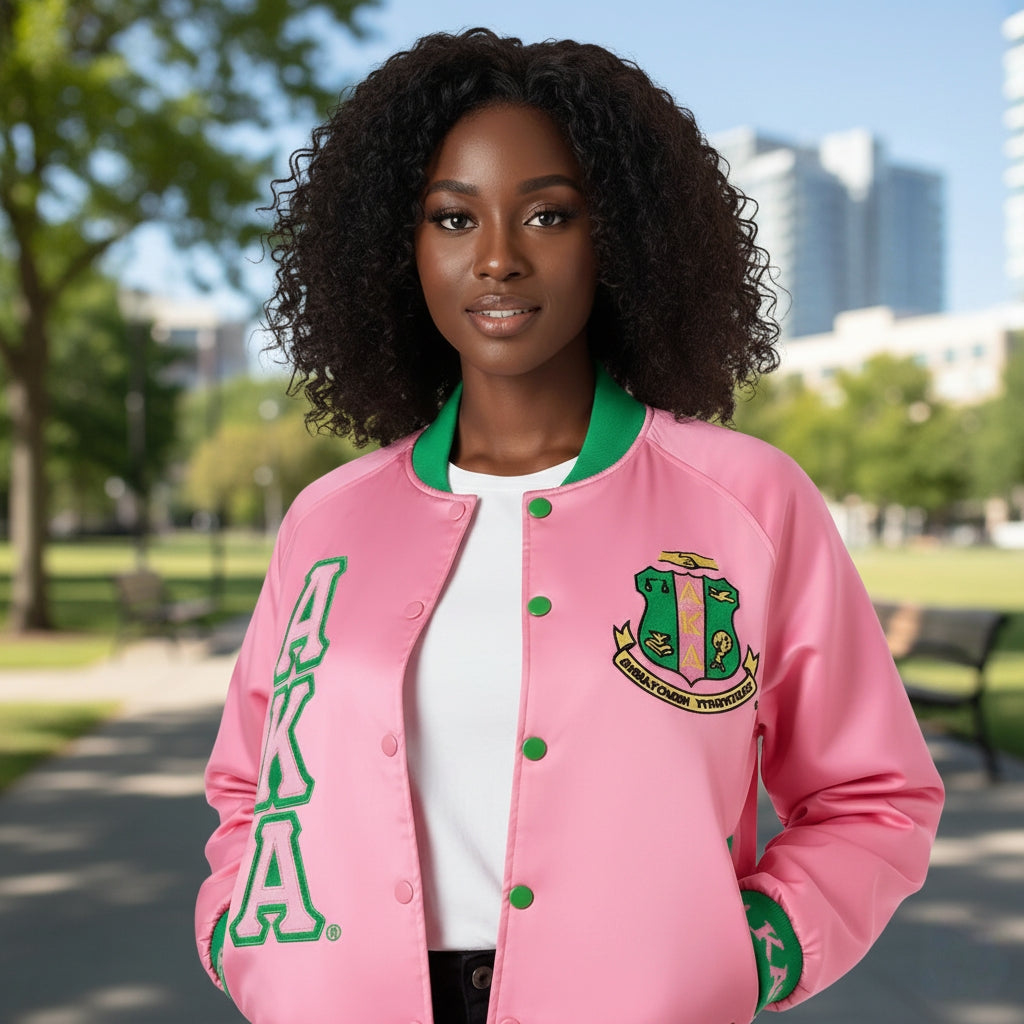 Woman wearing a pink letterman jacket with green accents and 'AKA' letters, standing outdoors.