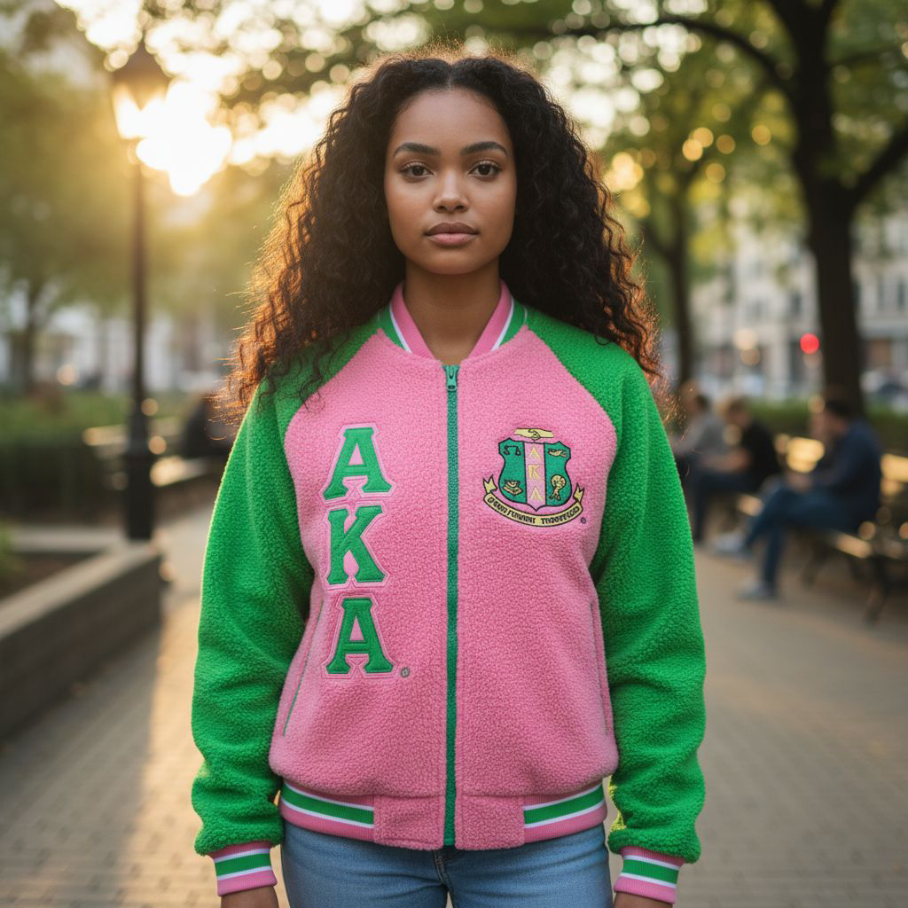 "Unisex Alpha Kappa Alpha (AKA) reversible bomber jacket featuring red and white sherpa material, embroidered appliqué logos, knit ribbing at the neck, cuffs, and waistband, offering cozy warmth and two stylish looks in one."