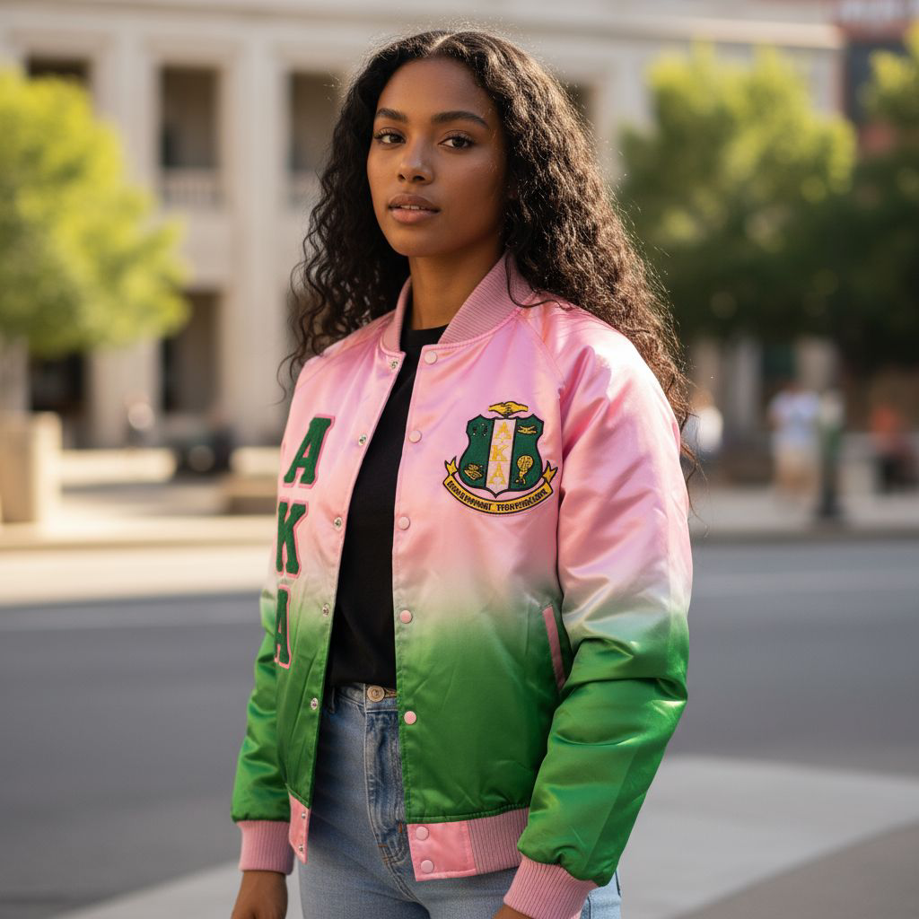 "Unisex Alpha Kappa Alpha (AKA) ombré satin bomber jacket featuring smooth satin fabric with a gradient color effect, pink ribbing and buttons, 100g quilted lining with custom interior, and embroidered AKA logos for a bold, stylish sorority look."