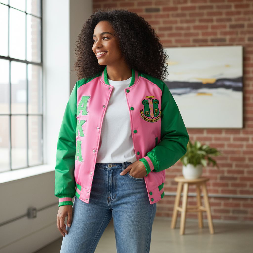 "Unisex Alpha Kappa Alpha (AKA) pink satin bomber jacket featuring smooth satin fabric, pink ribbing and buttons, 100g quilted lining with custom interior, and embroidered logos for a stylish and comfortable sorority look."