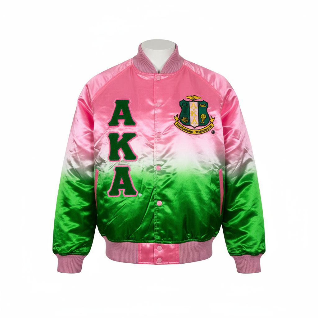 Pink and green jacket with 'AKA' letters on a white background