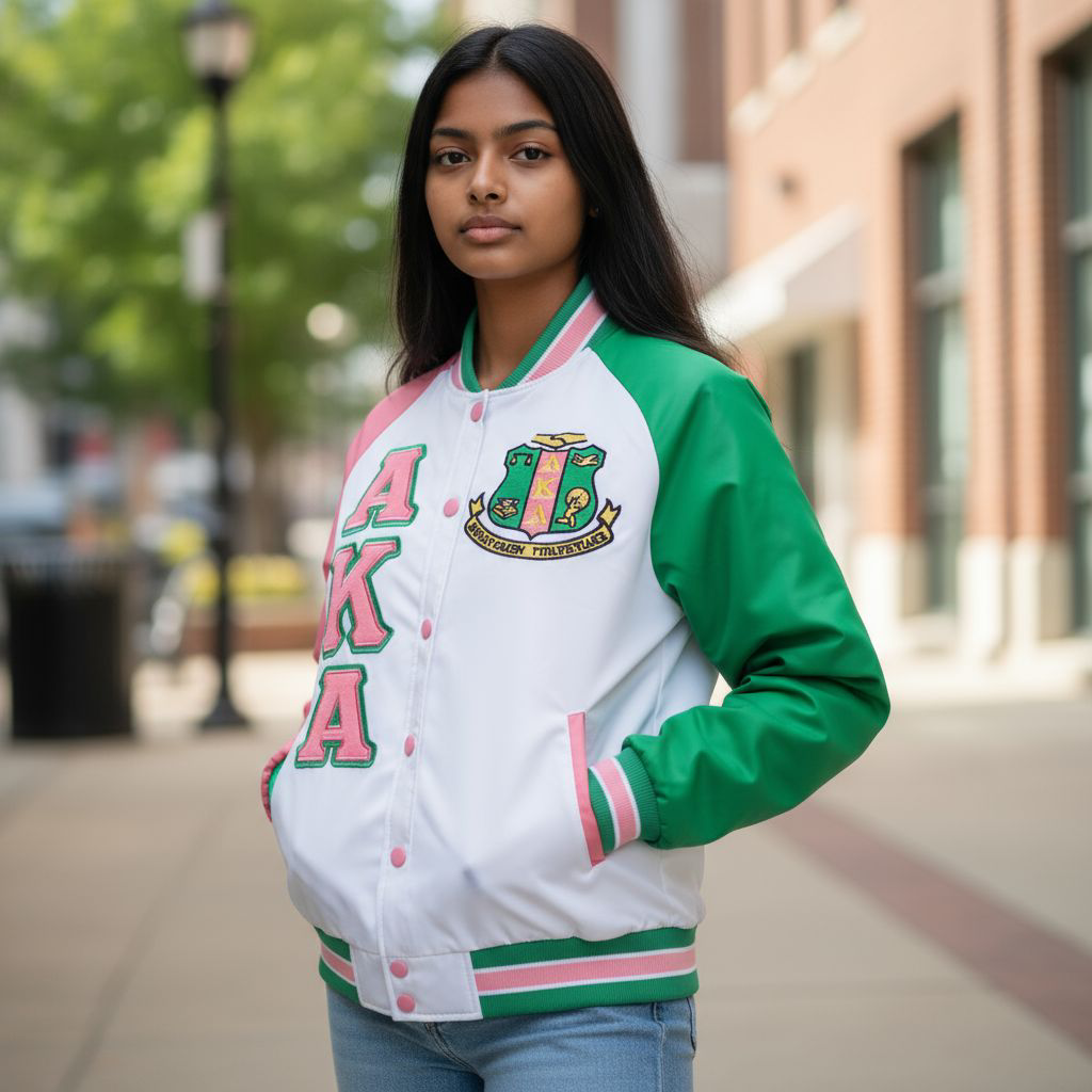"Unisex Alpha Kappa Alpha (AKA) bomber jacket made from durable nylon, featuring one green sleeve and one light pink sleeve, custom interior lining, and embroidered appliqué logos for a bold and stylish sorority statement."