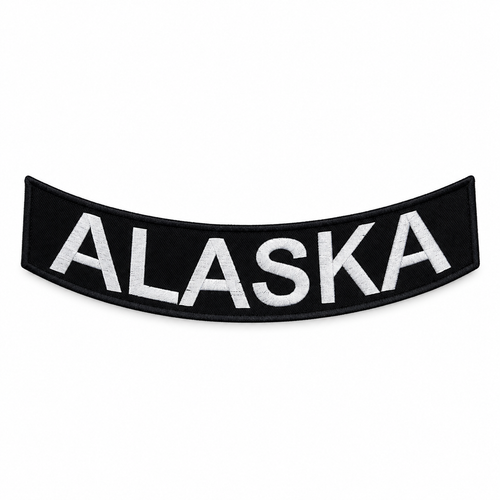 Alaska Bottom Rocker Patch - White on Black Iron On Sew On Large Back Patch for Biker Vest Jacket — full patch front view
