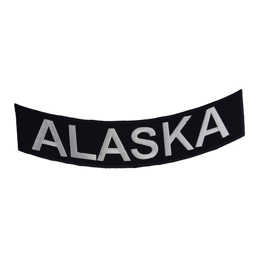 Alaska Bottom Rocker Patch - White on Black Iron On Sew On Large Back Patch for Biker Vest Jacket