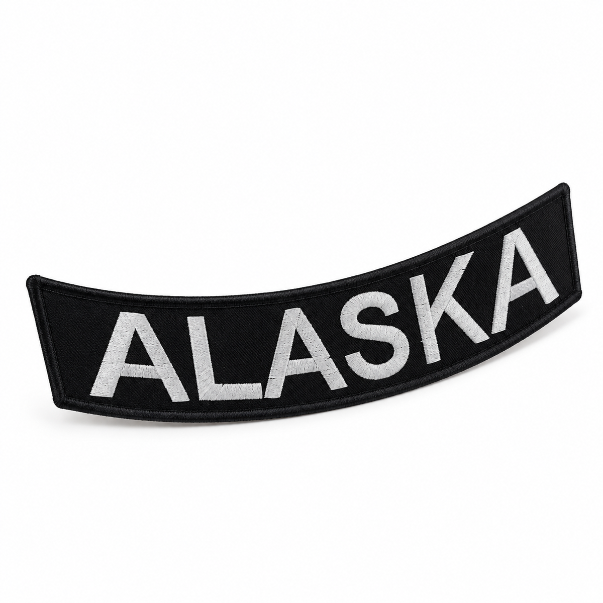 Alaska Bottom Rocker Patch - White on Black Iron On Sew On Large Back Patch for Biker Vest Jacket — angled embroidery view