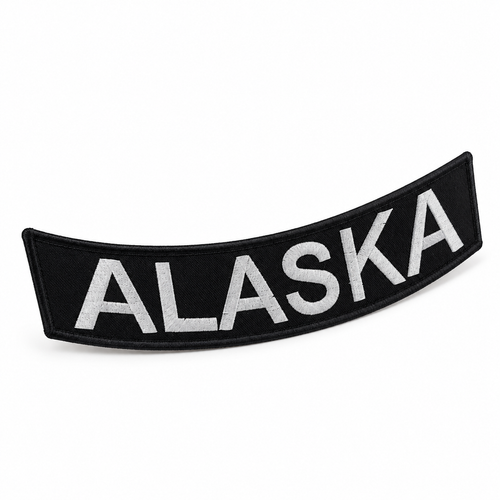 Alaska Bottom Rocker Patch - White on Black Iron On Sew On Large Back Patch for Biker Vest Jacket — angled embroidery view