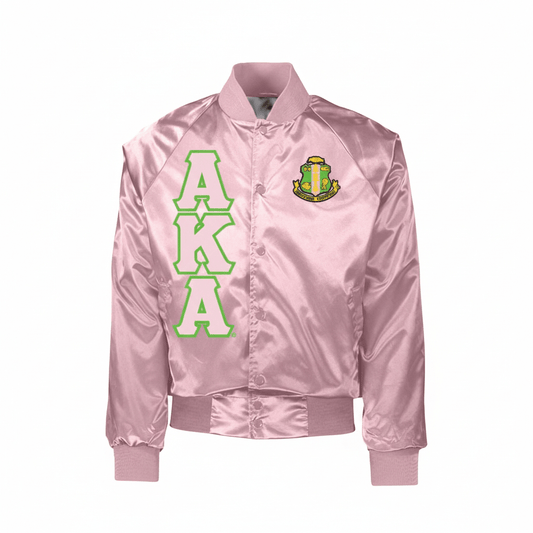 Alpha Kappa Alpha AKA Baseball Jacket - Salmon Pink Nylon Oxford Bomber Custom Tailored Sorority