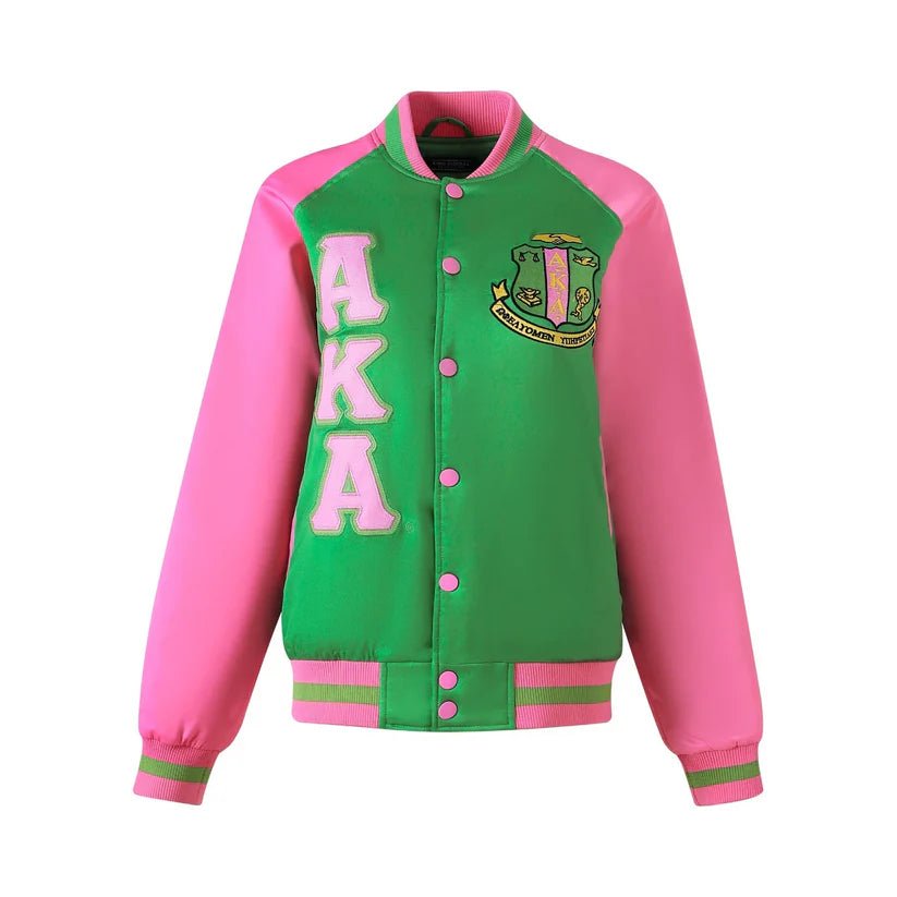 Alpha Kappa Alpha AKA Bomber Jacket Green Satin - Pink Ribbing & Buttons Sorority