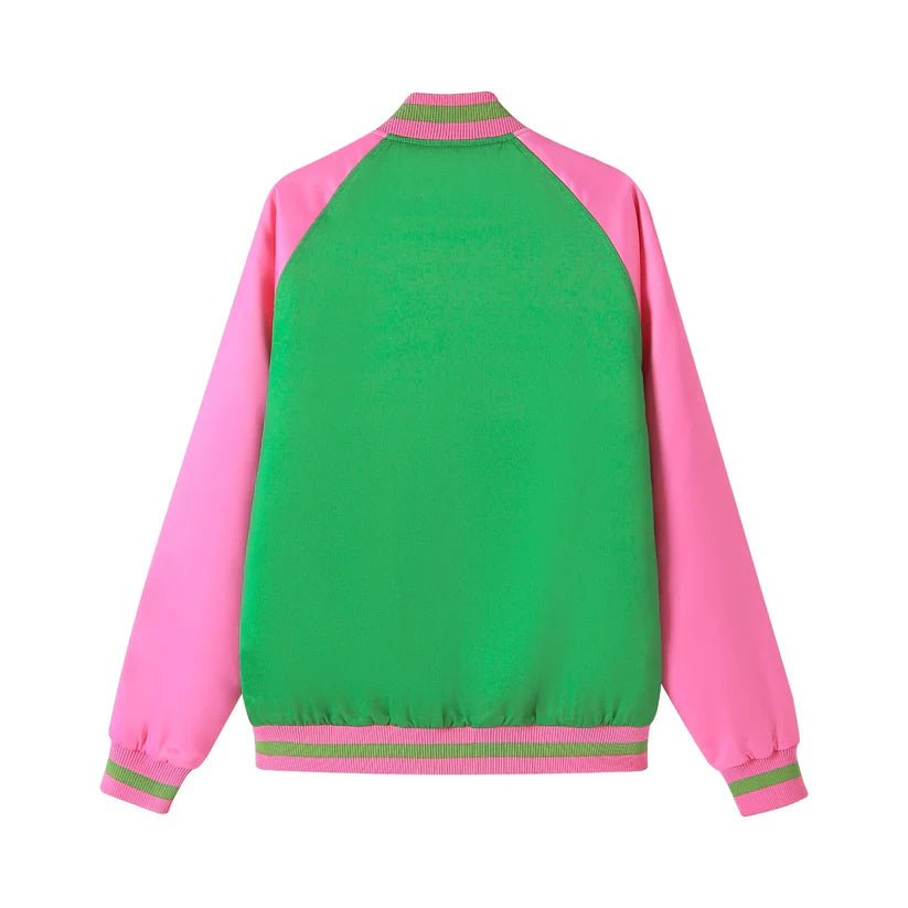 Alpha Kappa Alpha AKA Bomber Jacket Green Satin - Pink Ribbing & Buttons Sorority