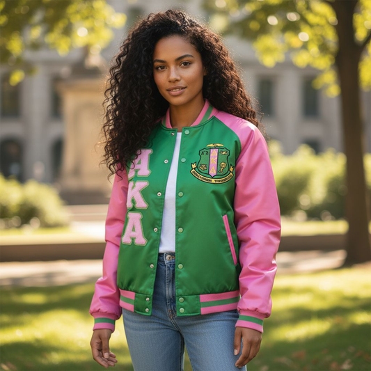 Alpha Kappa Alpha AKA Bomber Jacket Green Satin - Pink Ribbing & Buttons Sorority
