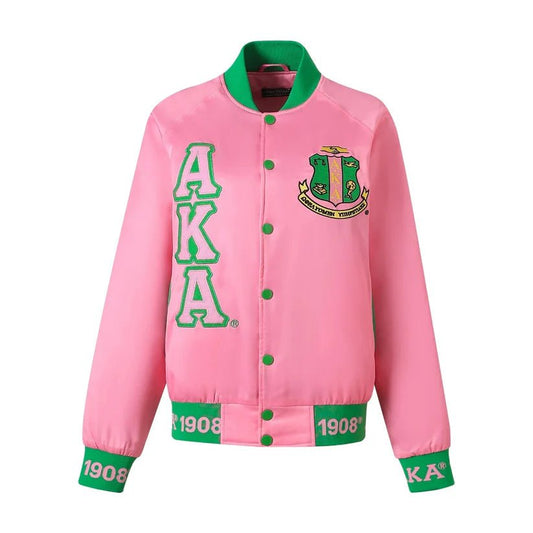 Alpha Kappa Alpha AKA Bomber Jacket Pink Satin - Custom Ribbing & Lining Sorority