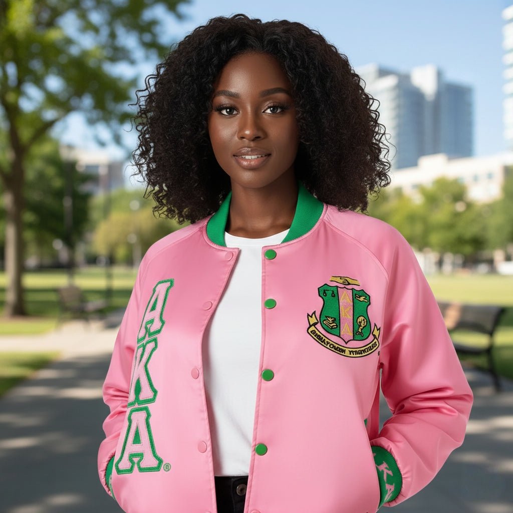 Alpha Kappa Alpha AKA Bomber Jacket Pink Satin - Custom Ribbing & Lining Sorority