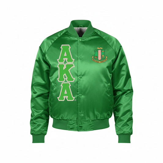 Alpha Kappa Alpha AKA Official Letterman Jacket Kelly Green - Nylon Oxford Baseball Bomber Sorority