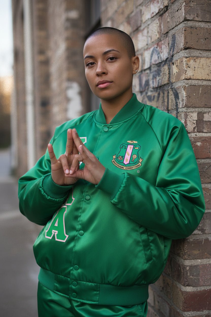 Alpha Kappa Alpha AKA Official Letterman Jacket Kelly Green - Nylon Oxford Baseball Bomber Sorority